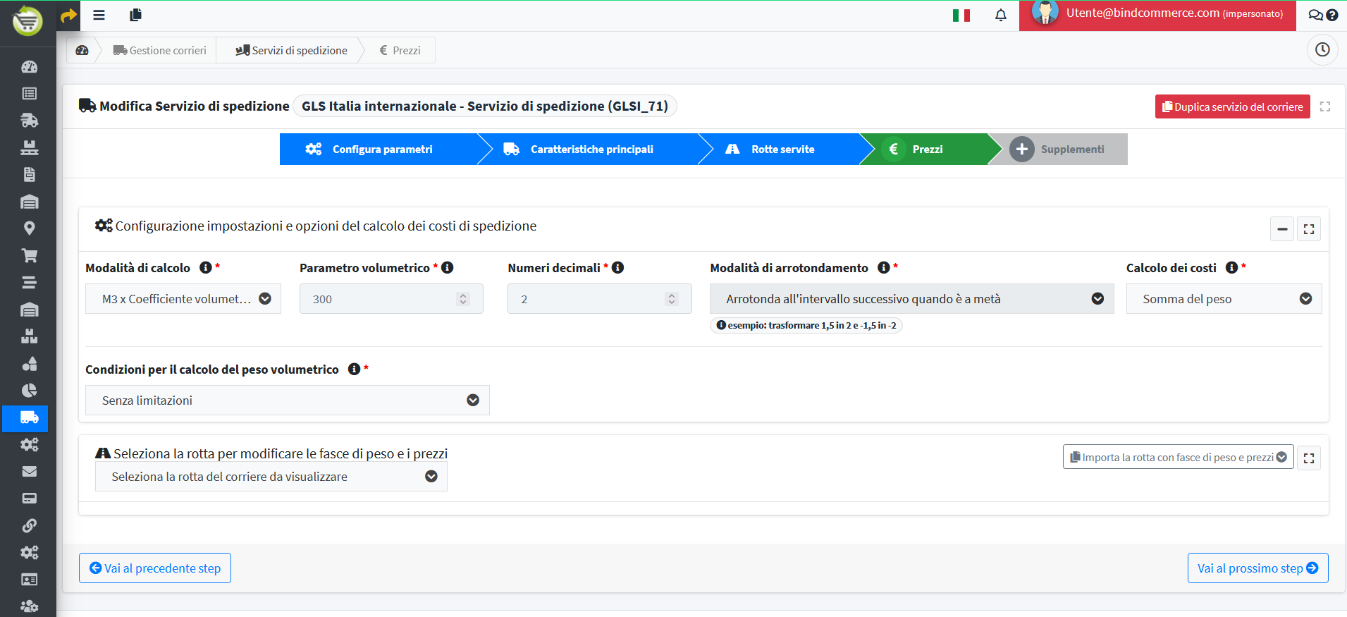 Prezzi per rotte e fasce di peso