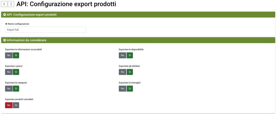 configurazione api export prodotti