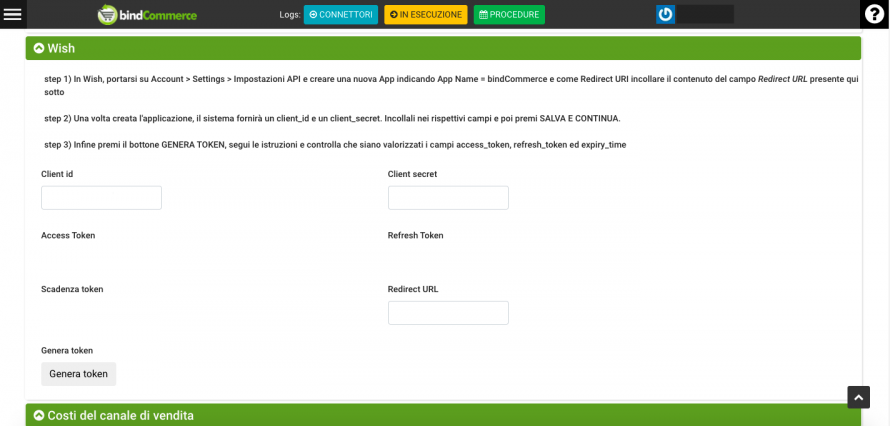 generazione token wish bindcommerce
