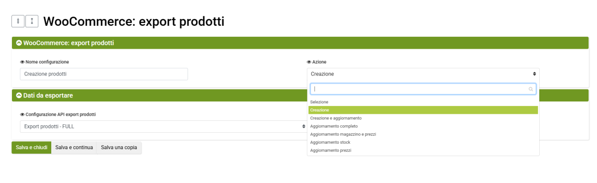 configurazione export prodotti woocommerce